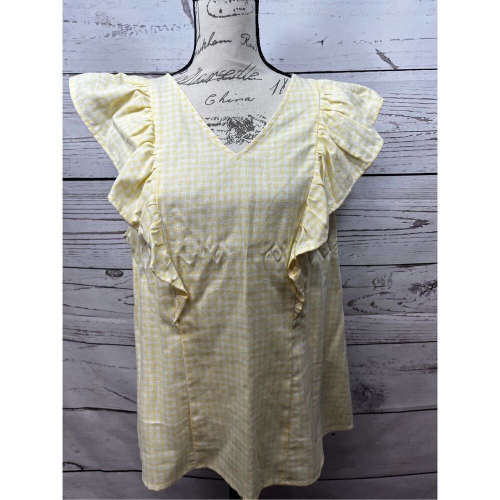 Croft &‎ Barrow large yellow and white checkered short sleeve blouse NWT-Alison